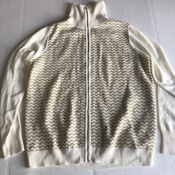 Chico’s Ivory Gold Metallic Zigzag Stripe Zip Front Sweater Sz 2 A402 - Picture 1 of 6